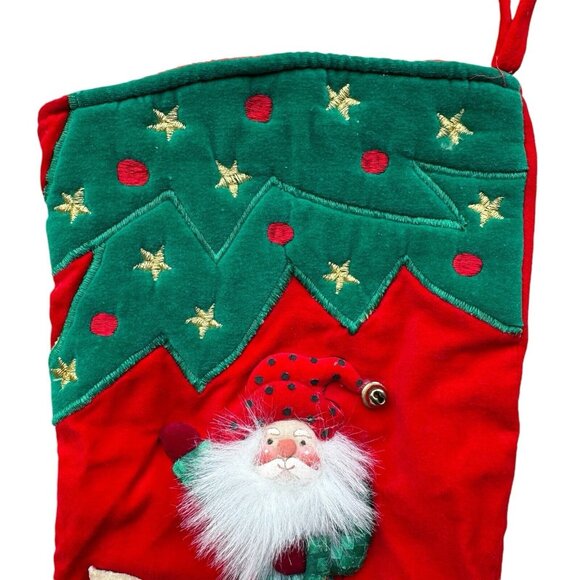 Vintage Christmas Stocking Santa Reindeer Elf Santa 3D Embroidered Rare 11"x 17" - Picture 3 of 8